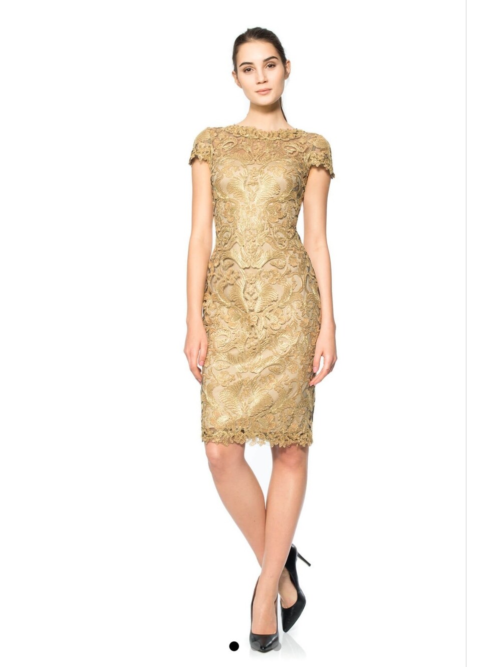 Tadashi Shoji Gold Lace Sheath Cocktail Dress